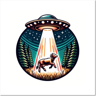 UFO Cow Abduction Forest Posters and Art